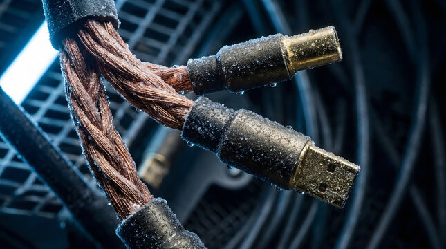 Macro of Braided Copper Wires and Gold Connectors with Cryogenic Frost and Ice Crystals