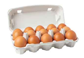 Brown chicken eggs in a white cardboard carton isolated on transparent background