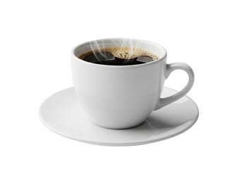 Fototapeta premium White ceramic mug of hot espresso with crema and steam on a saucer against a transparent background with copy space, concept for premium beverage advertising
