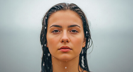 Woman with wet hair and raindrops on face