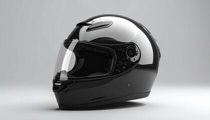 Fototapeta premium Sleek, high-end 3D render of a black motorcycle helmet, showcasing modern safety features and a blank branding area for customization