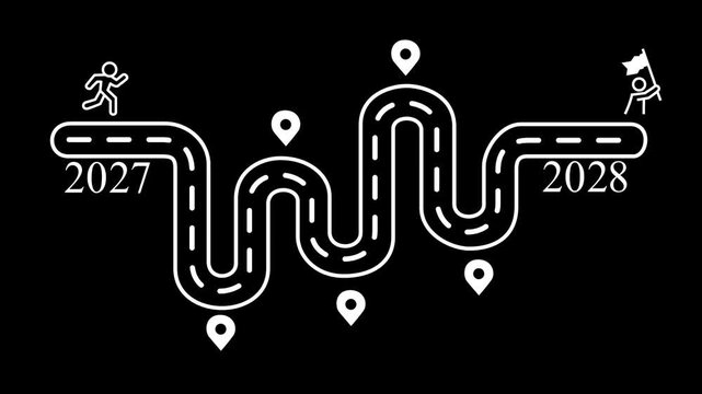 Business roadmap to 2027 success concept. A strategic business journey. Finger points at the 2028 target, surrounded by icons representing innovation