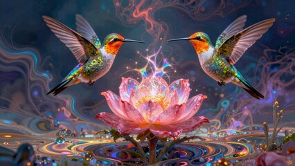 Fototapeta premium Two hummingbirds hover in front of a flower