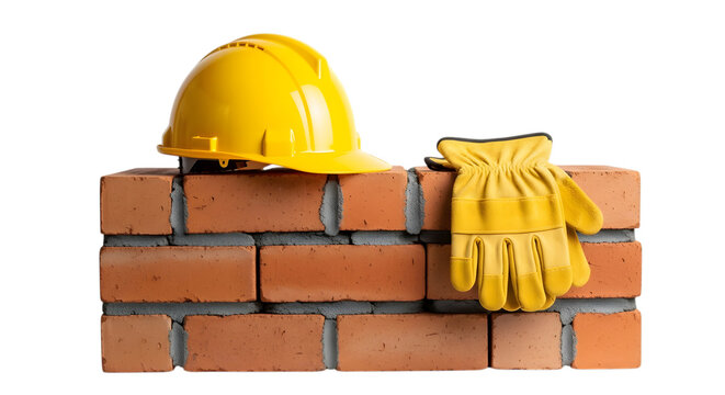 Labor safety essentials hard hat and gloves on construction bricks