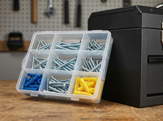 Fototapeta premium Screws and anchors beside toolkit in organized storage container 