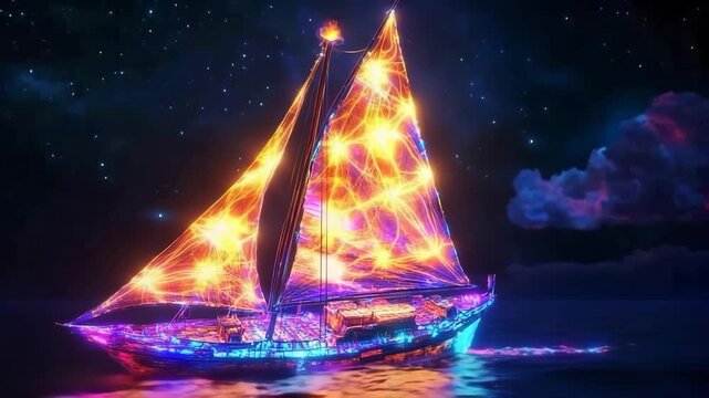 Sailboat with luminous photosynthetic sails glides through tranquil waters at sunset