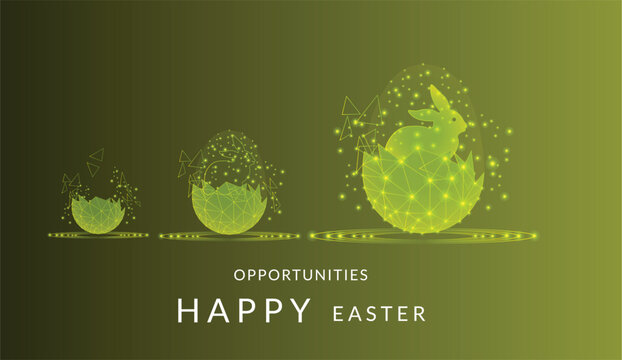 Happy Easter technology greeting card - digital Easter eggs and text Growth, Opportunities, New Beginnings - dark blue vector background