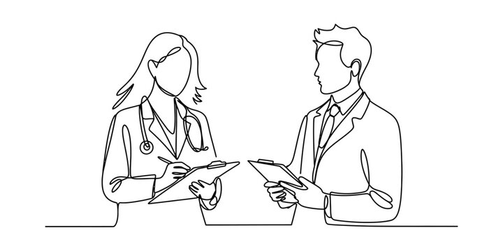 Continuous line drawing of two medical professionals discussing patient charts and notes. Vector, illustration