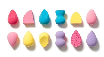 Assortment of colorful beauty blenders and makeup sponges in various shapes and hues displayed together on white background