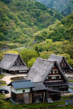 Traditional Gassho-Zukuri Houses in Gokayama During Rainy Spring Day, Japan