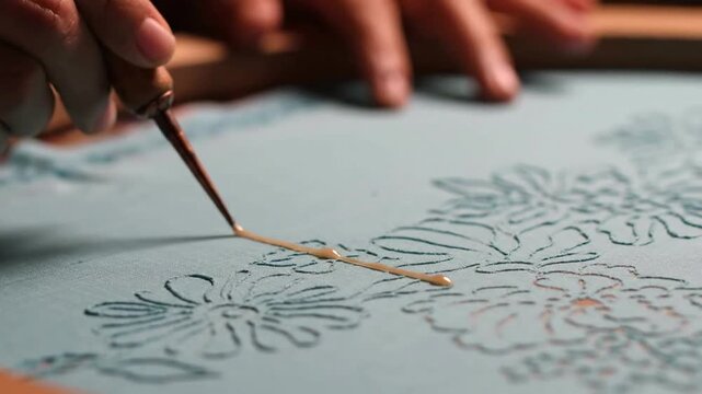 Hand painting intricate floral design on paper with a small brush.