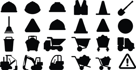 PrintConstruction equipment and safety silhouette icon collection featuring helmets, cones, trucks, excavators, wheelbarrows and warning signs isolated on white background for industrial design © Nur