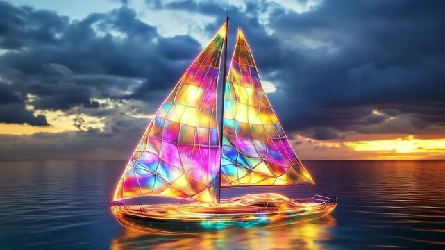 Sailboat with luminous photosynthetic sails glides through tranquil waters at sunset