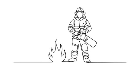 Obraz premium Single line drawing of a brave firefighter holding an extinguisher to put out a fire Vector, illustration