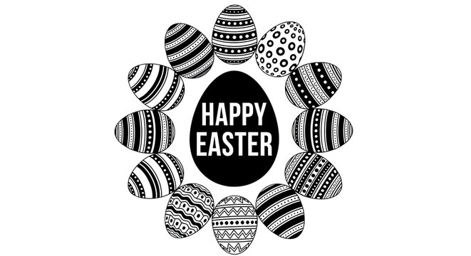 Happy easter eggs decorated in black and white patterns