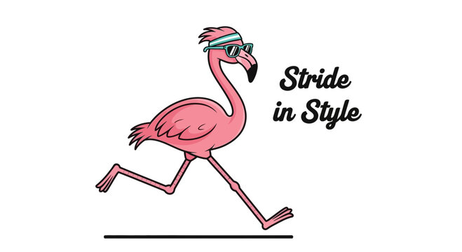 A cartoon pink flamingo wearing a blue headband and sunglasses, running with the text 'Stride in Style' next to it.