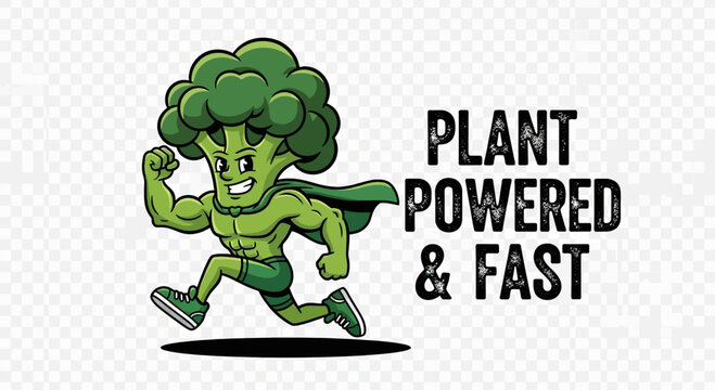 A cartoon illustration of a muscular, running broccoli superhero with a green cape, promoting plant-powered speed and health.
