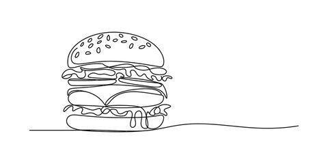 A simple continuous line drawing of a delicious double cheeseburger with sesame seeds. Vector, illustration © Badhon_Designer