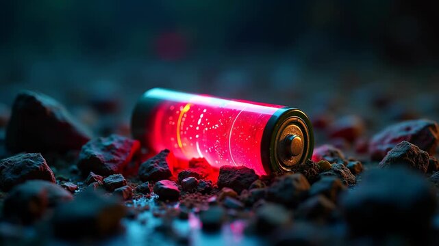Glowing battery on dark ground with golden sparks and bokeh particles, renewable energy, battery recycling