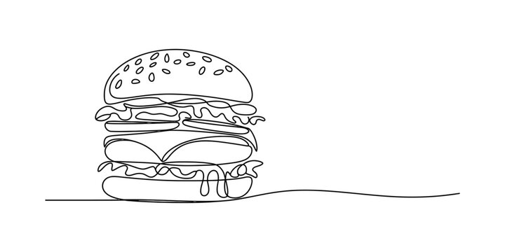 A simple continuous line drawing of a delicious double cheeseburger with sesame seeds. Vector, illustration