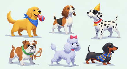 Collection of seven cute cartoon dogs in various breeds and colors standing on a light background