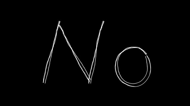 Noの文字の落書き線画イラスト。線が動く手描きのアイコン動画。ループする4Kアニメーション。黒背景に白いペンでフリーハンドで描いた絵のデコレーションスタンプ