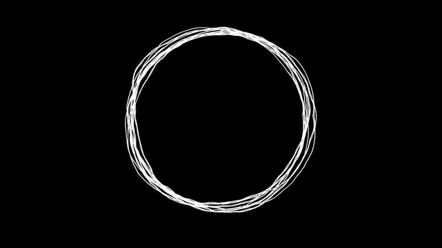 丸いフレームの落書き線画イラスト。線が動く手描きのアイコン動画。ループする4Kアニメーション。黒背景に白いペンでフリーハンドで描いた絵のデコレーションスタンプ