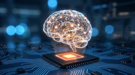 Obraz premium A brightly glowing holographic human brain rests upon a computer microchip, symbolizing artificial intelligence, technological innovation, and digital consciousness.