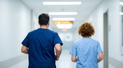 Obraz premium Two medical professionals, a man and a woman in scrubs, are quickly running down a brightly lit hospital corridor, responding to an emergency situation.