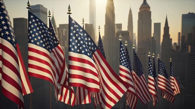 A row of American flags against the backdrop of the New York City skyline