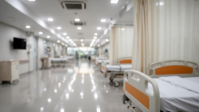 Abstract blurred view of a long hospital corridor with empty beds