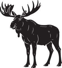 Obraz premium Black silhouette of a moose standing with antlers, isolated on white background