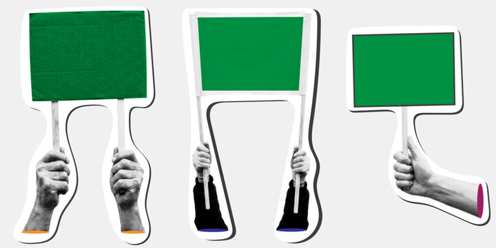 Set of hands holding protest signs and placards with green screen chroma key mockups, halftone stippled style stickers isolated