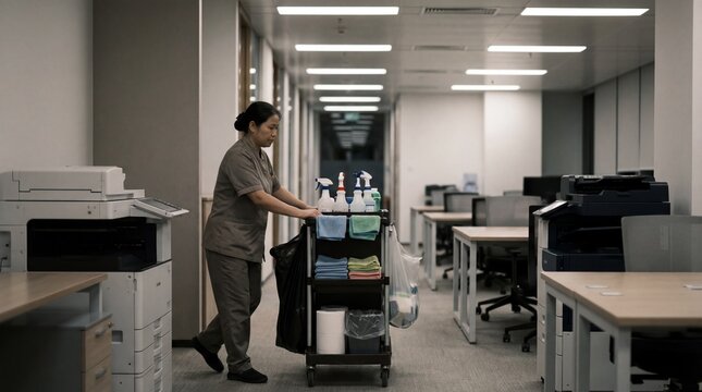 Asian woman cleaner pushing cleaning cart in empty office corridor. Professional janitor performing maintenance duty at workplace.