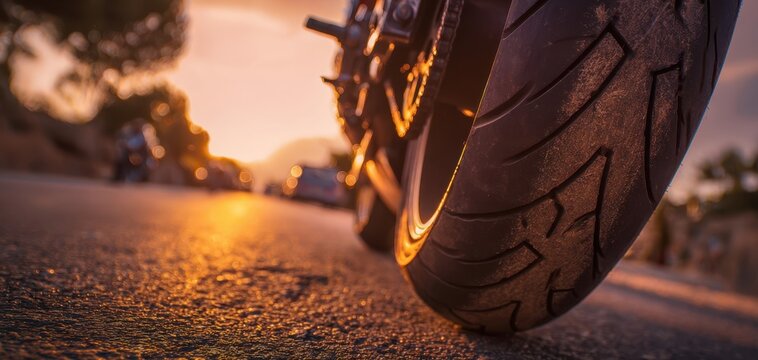 The Motorcycle Tire Rolling on Sunlit Asphalt at Sunset with Dramatic Low Angle Perspective