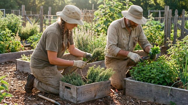 Woman and man gardener harvesting fresh herbs from raised bed garden. Organic farming and sustainable agriculture for healthy food production.