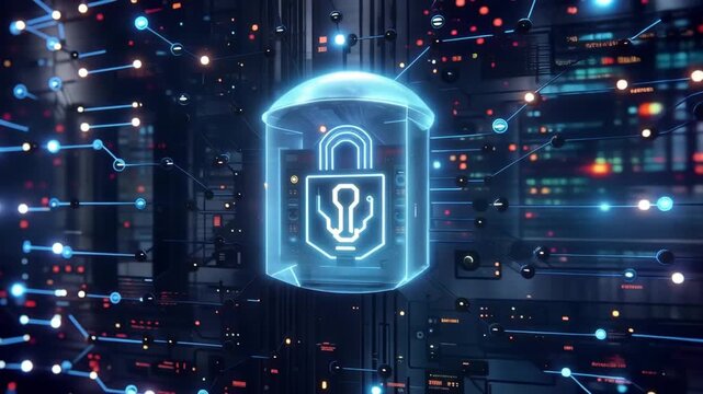 Cyber security lock glowing on a digital circuit board for data protection