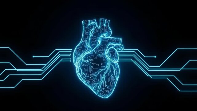 Glowing Digital Human Heart Design Connected By Circuits On Dark Background Concepts Of Health Medicine Technology Usage Potential Use In Medical Presentations Design Applications
