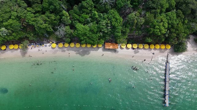 Starfish Beach (Rach Vem), Phu Quoc Island, An Giang (Kien Giang), Vietnam &ndash; 4k aerial drone footage of tropical beaches, turquoise water, white sand beach, wooden pier, fishing boats, coastal forest