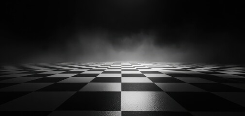 Naklejka premium The checkerboard floor stretches into a foggy horizon with dramatic studio lighting