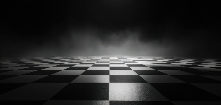 The checkerboard floor stretches into a foggy horizon with dramatic studio lighting