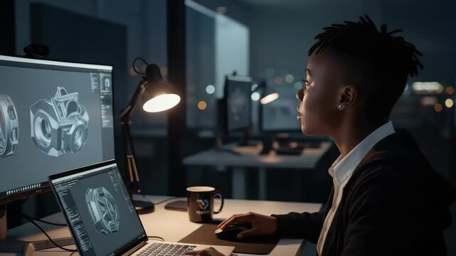 Focused Individual Is Shown Working On 3d Design On Computer Laptop In Modern Office Setup At Night While The Background Reveals Blurred City Lights This Visual Is For Design Tech Cr