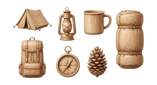 Outdoor camping gear in birchwood texture elements set.