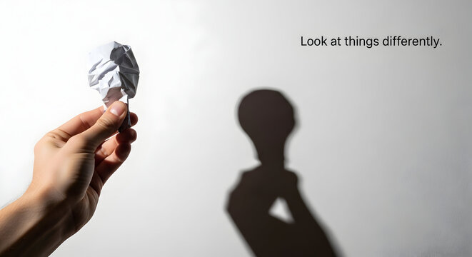 Hand holding crumpled paper casting a lightbulb shadow symbolizing creative thinking and looking at things differently