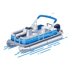 Blue pontoon boat illustration with seating canopy and outboard motor on white background © Fariaislam