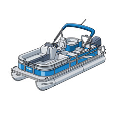 A detailed illustration depicts a blue and gray pontoon boat with seating and a motor © Fariaislam