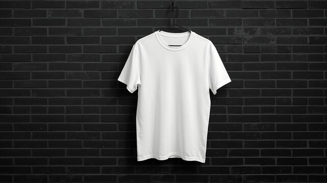 white t shirt on a hanger with black brick background