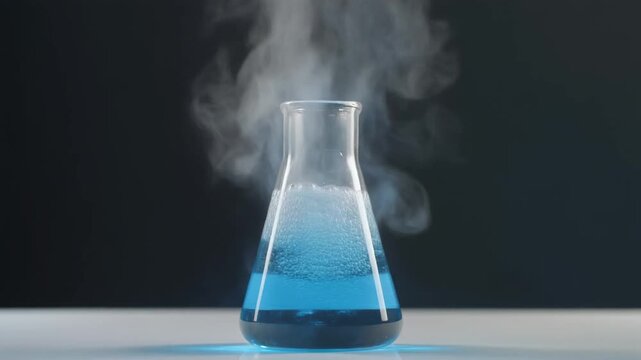 Steaming blue liquid in a laboratory flask on a table