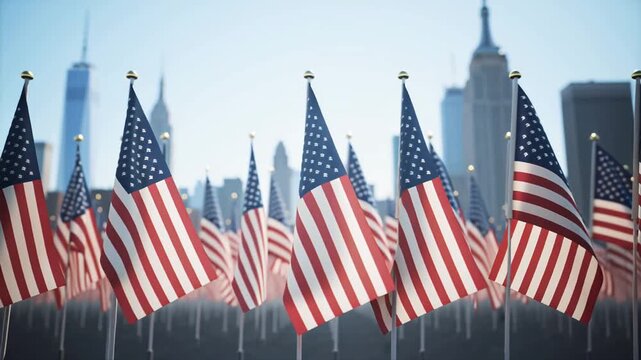 A row of American flags against the backdrop of the New York City skyline