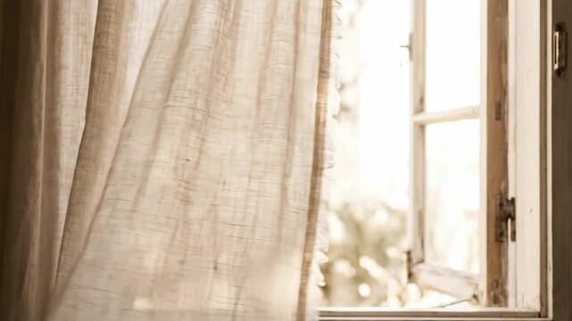 Breezy linen curtain moving gently by an open window, sunlight filtering through. Rustic background for morning concept.